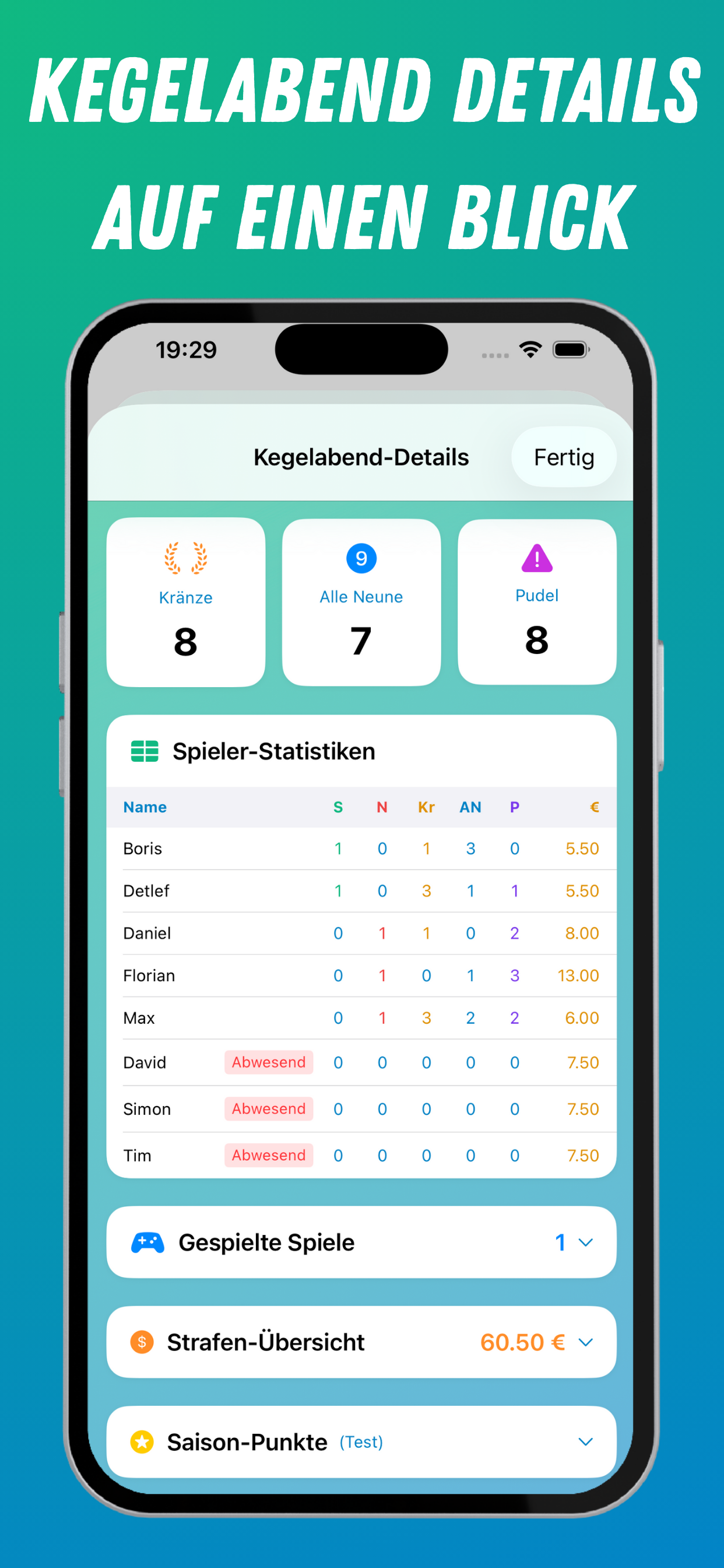 Kegelabend Details auf einen Blick